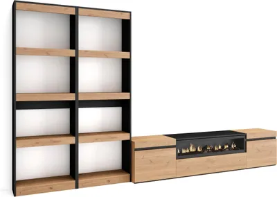 Produktbild von Wohnwand Wohnzimmer, 320x35x186cm, Für TV-Geräte bis zu 80", Elektrokamin, Eiche und Schwarz