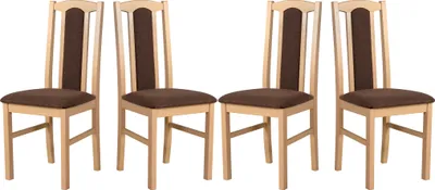 Four wooden dining chairs with brown upholstered seats and backrests are arranged in a row against a white background.