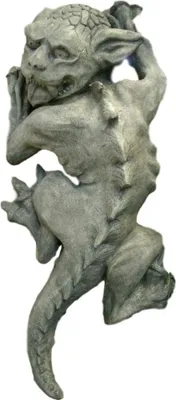 Productafbeelding van Stenen sculptuur van een hoornvormige gargoyle, geschikt om aan de muur te hangen of in de tuin te plaatsen. Gemaakt van steengietmateriaal, vorstbestendig en weerbestendig. Nieuw, 60 cm hoog, artikelnummer SU-2249
