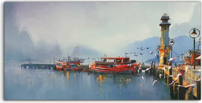 Produktbild von Coloray Spritzschutz aus Glas 120x60  Wandkunst Küchenrückwand Fischerboot Hafen am Morgen Aquarell
