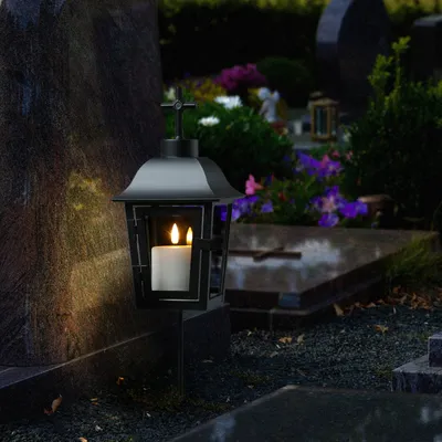 Grablaterne mit Mini LED Kerze - Grablampe mit 2 wechselbaren Spitzen/Erdspieß - H: 51cm - schwarz