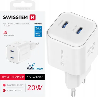 Zdjęcie produktu dla Swissten ładowarka GaN 2x USB-C 20W Power Delivery, biała