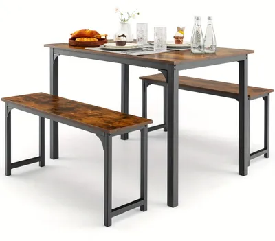 Image de Ensemble de table et bancs 3 pièces - Ensemble de salle à manger - Ensemble de sièges - Ensemble de bancs - Table avec bancs - Style industriel