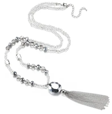 Produktbild von Bulinlin Lange Perlenkette Damen mit Quaste - Y-Kette Modeschmuck Lang Halskette mit Kristallperlen Anhänger Boho Elegantes Muttertagsgeschenk(Silver)