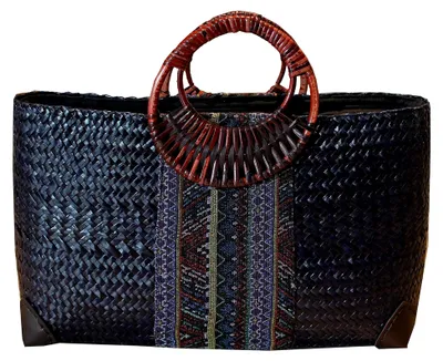 Produktbild von Damentasche Handtasche Strohtasche Einkaufstasche Strandtasche Handgefertigt aus Schilf Marine 50 cm