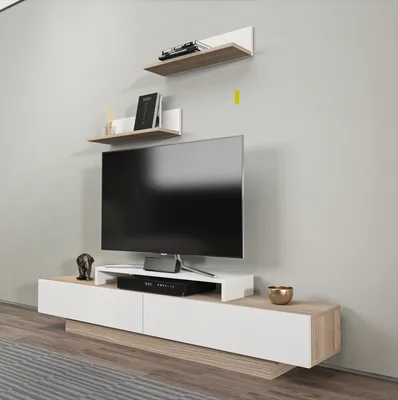 Image de Meuble TV Decorotika Lusi pour téléviseurs jusqu'à 71 pouces | Chêne, frêne et blanc
