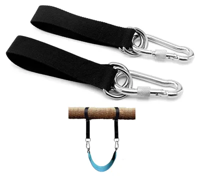 Produktbild von 2 Stück Hängemattenbefestigung, reißfeste Nylon Gurte für Hängematte, Schaukel und Hängesessel, wetterfeste Aufhängung mit D-Ringen und Karabinern, 30 cm Länge, Schwarz