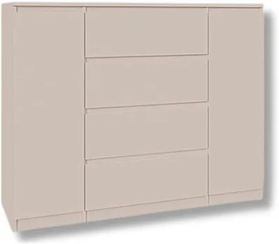 A light beige colored dresser with two doors and four drawers is shown against a light gray background.