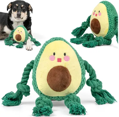 Produktbild von Hundespielzeug Kuscheltier RAGI Welpenspielzeug Kauspielzeug große kleine Hunde quietschend Avocado Plüsch Seil Zahnreinigung Natur Baumwolle