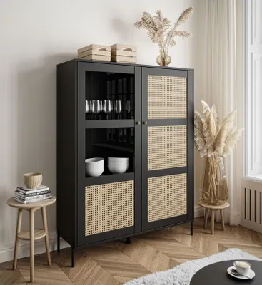 Produktbild von VIENNA 3D breite Vitrine mit Wiener Geflecht, Schwarz + Wiener Geflechtdruck, gerade Metallbeine