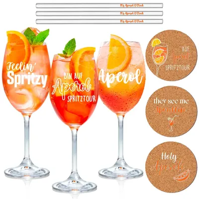 3er-Set Aperol Spritz Gläser mit Gravur, Glastrinkhalmen & Korkuntersetzern