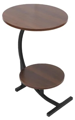 Imagen del producto de Mesa auxiliar redonda moderna de dos niveles, pequeña, con estructura de metal, ideal como mesita de noche o para colocar junto a la cama, el sofá o en la sala de estar. Color nogal