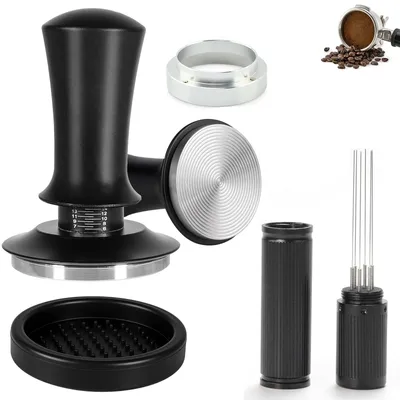 Produktbild von Kaffee-Tamper-Set, 51 mm - Federbelasteter Tamper - WDT-Werkzeug mit 6 Nadeln - Basis aus Edelstahl - Tampermatte aus Silikon - Professionelles Zubehör - Espresso-Tamper