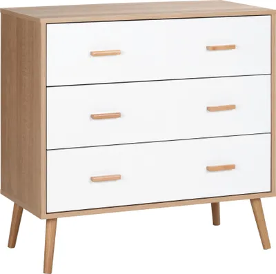 Image de HOMCOM Commode Design scandinave sur Pieds 3 tiroirs coulissants Pieds effilés inclinés Panneaux Particules Blanc Aspect Bois Clair