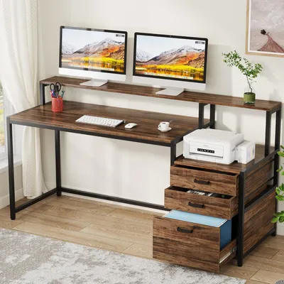 Produktbild von Schreibtisch mit Schubladen und erhöhter Monitorhalterung, ergonomisch, 160 cm