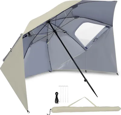 Zdjęcie produktu dla Parasol plażowy Jayseuw, 210 cm, ochrona UV 50+, regulowany kąt nachylenia, z kotwicą do piasku, torba transportowa, wodoodporny, na plażę, do ogrodu i na balkon, kolor beżowy