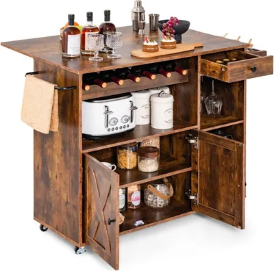 Imagen del producto de Carrito de cocina con ruedas. Carrito de servicio con superficie de trabajo abatible. Dimensiones: 121 x 68 x 88 cm. Color: marrón rústico