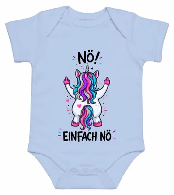 Productafbeelding van Nee. Gewoon nee. Eenhoorn met middelvinger. Grappige uitspraak. Sarkasme. Humor. Babyromper, lichtblauw, maat 3/6