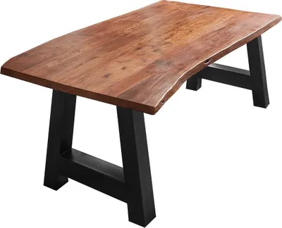 Produktbild von Esszimmertisch 200x100 cm Adelaide, Baumkantentisch nussbaumfarben, Akazienholz massiv, A-Gestell aus Metall schwarz