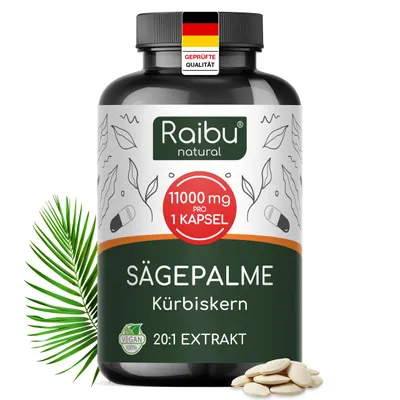 Produktbild von Saw Palmetto (Sägepalme) Kapseln, 20:1 Extrakt, Hergestellt in Deutschland - RAIBU