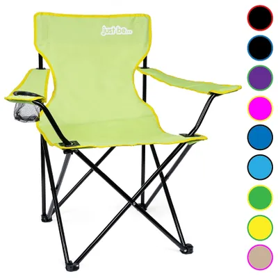 Image de Chaise de camping vert clair et jaune, avec accoudoirs et porte-gobelet, idéale pour le camping