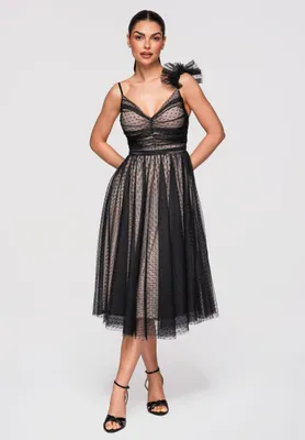 Produktbild von LARICA Cocktailkleid Midi Ausgestelltes V-Ausschnitt Tüll Kleid LA-OM-DLR324 black L