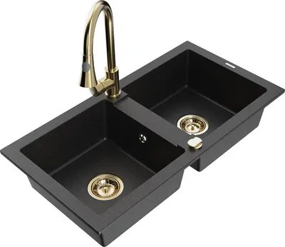 Produktbild von Mexen Mario 2-Becken-Granitspüle mit Mischbatterie Elia, Schwarz/Silbermetallic - 6504-73-670101-50