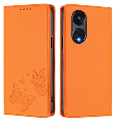 Produktbild von Lederhülle für Oppo Reno8 T 5G, Schmetterling Prägung Leder Brieftasche Schutzhülle mit Ständer Orange