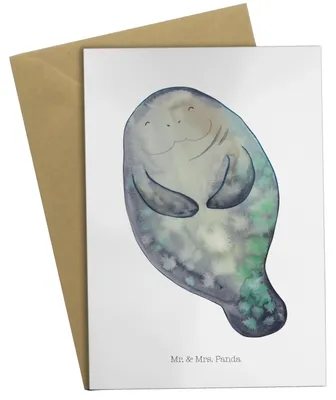 Produktbild von Mr. & Mrs. Panda Grußkarte Seekuh Happy - Weiß - Geschenk, Liebeskummer, jubiläumskarte, hochzeitskarten, osterkarten, Respekt, Achtsamkeit, osterkarte, Meer, Selbstliebe