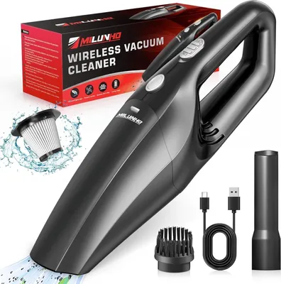 A black cordless handheld vacuum cleaner with accessories and packaging.