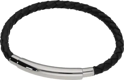 Produktbild von Armband Jacques Charrel mit schwarzem Leder geflochten, Edelstahl Schwarz 19 cm