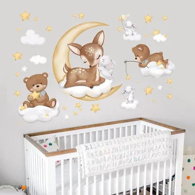 Productafbeelding van Wandstickers Dieren Bear Deer Maan Sterren Wolken voor Kinderkamer Babykamer - Peel en Stick Wanddecoratie - Hoogwaardige PVC - 1 Set