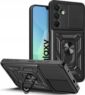 A black phone case with a ring holder and a sliding camera cover is shown from multiple angles, with a phone partially visible inside.