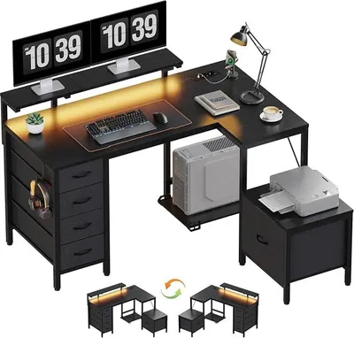 Produktbild von Schreibtisch L Form mit Schubladen, 139 x 120cm Umkehrbarer Eckschreibtisch mit Steckdosen, USB-Anschlüssen,LED Beleuchtung und Monitorständer, Tisch für Büro und Gaming Schwarz