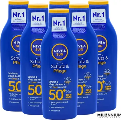 Produktbild von NIVEA SUN Schutz & Pflege Sonnenmilch LSF 50+ Wasserfest Sonnencreme für 48h (6x200ml)