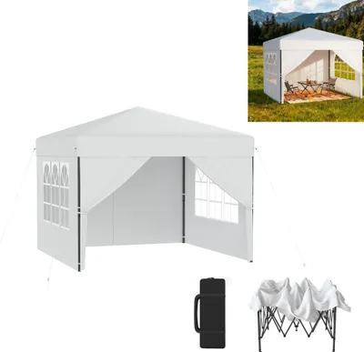 Image de XINZI Pavillon pop-up 3x3m Pavillon pliable, imperméable et protection UV, montage rapide à l'aide d'un seul bouton, réglable en hauteur sur 3 niveaux, blanc (avec 4 parois latérales)