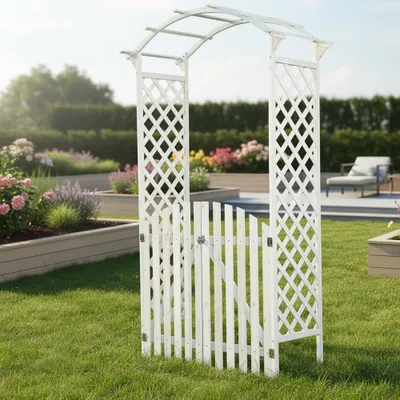 Produktbild von Rosenbogen mit Tor Holz Weiß Pergola Rankgitter Rankhilfe