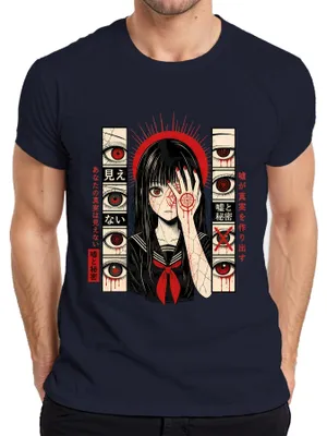 Zdjęcie produktu dla Koszulka męska z motywem anime, horror, manga, dziewczyna, Japonia, czerwone oczy, styl Y2K, dla fanów anime, kolor granatowy, rozmiar S