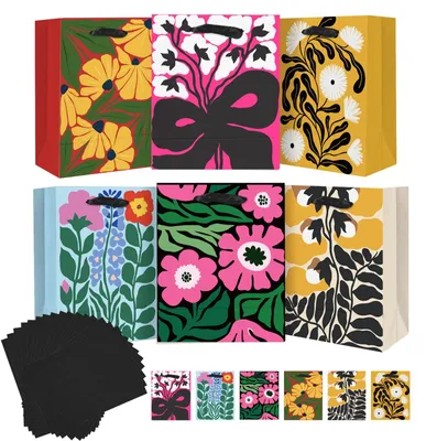 Productafbeelding van Set van 6 papier geschenktassen met bloemenprint en handvatten