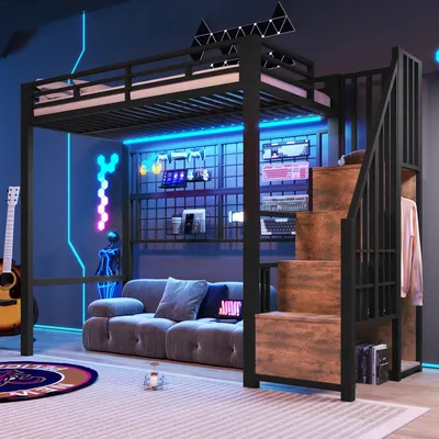 Image de Lit mezzanine 90x200 cm avec armoire, échelle de rangement, grille suspendue et éclairage LED 7 couleurs, lit en métal avec espace de rangement sous le lit, noir