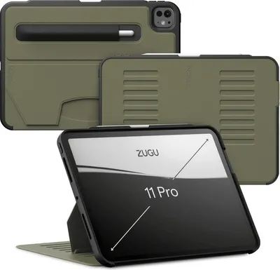 A collage of images showing a green tablet case from different angles, including one showing the tablet inside the case.