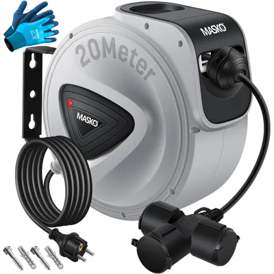 Produktbild von MASKO® Automatik Kabeltrommel Verlängerungskabel mit 3-Fach Anschluss 180° drehbar 1,5m Zuleitung Wandhalterung Werkstatt Kabelaufroller Automatisch Stromtrommel Schlauchaufroller Inkl. Handschuhe