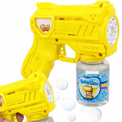 Zdjęcie produktu dla Pistolet na bańki mydlane automatyczny 70ml na baterie LED żółty wyrzutnia baniek dla dzieci