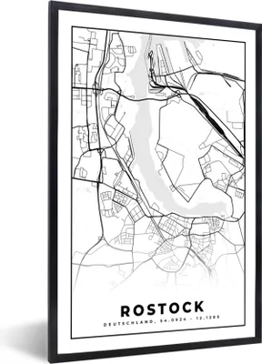 Produktbild von MuchoWow® Gerahmtes Poster Karte - Stadtplan - Rostock - Karte 40x60 cm - Poster mit Schwarzem Bilderrahmen Wandposter Rahmen Foto Bilder - Papierdruck - Wandbilder