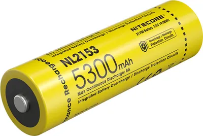 A yellow Nitecore NL2153 21700 Li-Ion battery is shown against a white background.