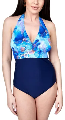 Produktbild von Aquarti Damen Badeanzug Bauchweg Einteiler Sport Swimsuit Bademode Neckholder V-Ausschnitt, Farbe: Modell D3 Dunkelblau / Tie Dye Blau, Größe: 36