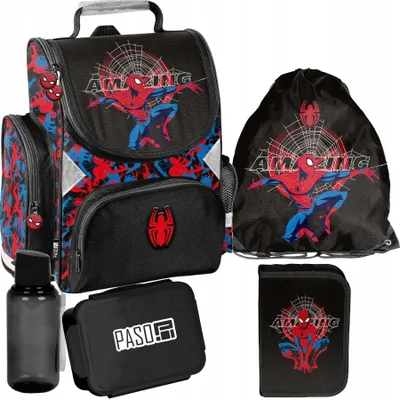 Produktbild von Schulrucksack Mädchen Jungen Motiv SPIDERMAN 5 T Set Rucksack, Federmäppchen, Schuhbeutel, Trinkflasche, Frühstückstasche Mega-Set Paso