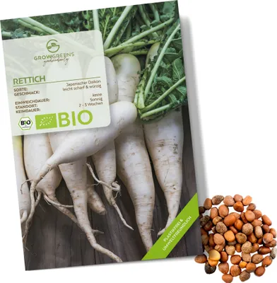 Produktbild von Rettich Samen (Japanischer Daikon, 50 Korn) - Rettich Saatgut aus biologischem Anbau ideal für die Anzucht im Garten, Balkon oder Terrasse