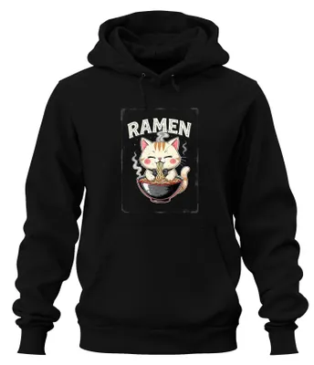 Obrázek produktu pro Mikina s kapucí, motiv "Ramen Katze kawaii", obrázek nudlí, roztomilý a vtipný design, japonský retro styl, černá barva, velikost M
