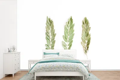 Produktbild von MuchoWow® Fototapete für Wohnzimmer oder Schlafzimmer Wandtapete Vinyl Motivtapete Tropisch - Blatt - Weiß - 420x280 cm - Zimmer für Kinder